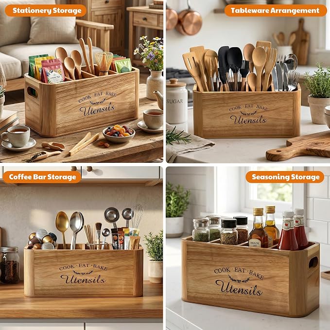 Acacia Wood Utensil Holder for Kitchen Countertop, Extra Large Wooden Utensil - Image 7