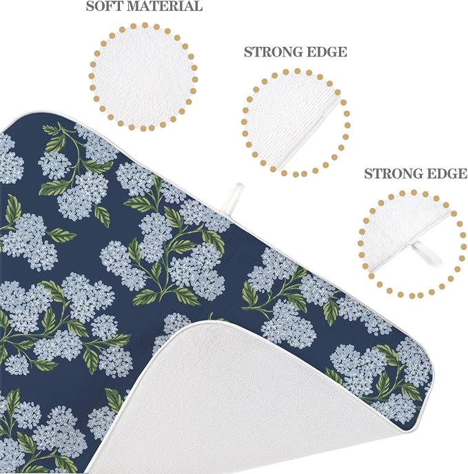 Navy Blue Dish Drying Mat 18x24 Inch Blue Green Vintage Floral Hydrangea Flower - Image 3