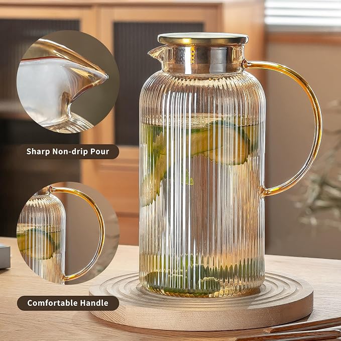 Buaic Glass Pitcher with Lid, 84oz/2.5 Liter Amber Classic Vertical Stripes - Image 3