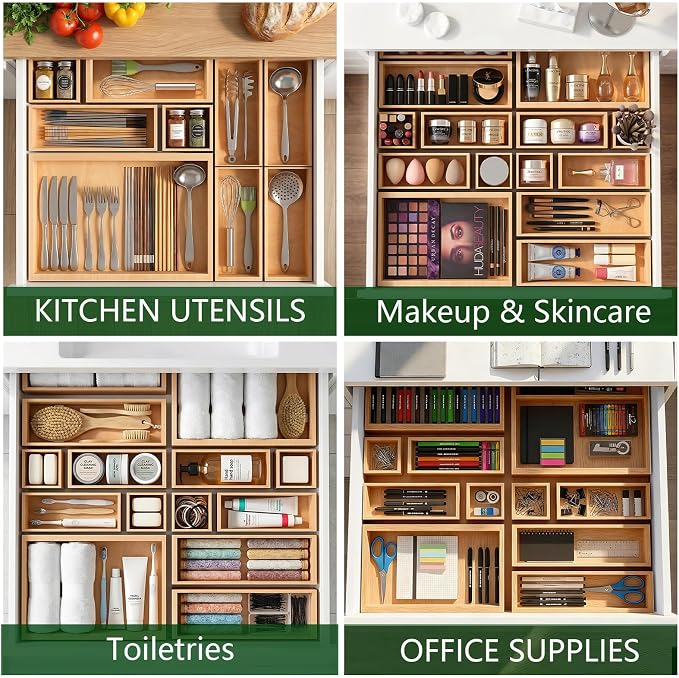 Bamboo Drawer Organizer 7 Pcs for Kitchen Multi-purpose Storage Dividers for - Image 2