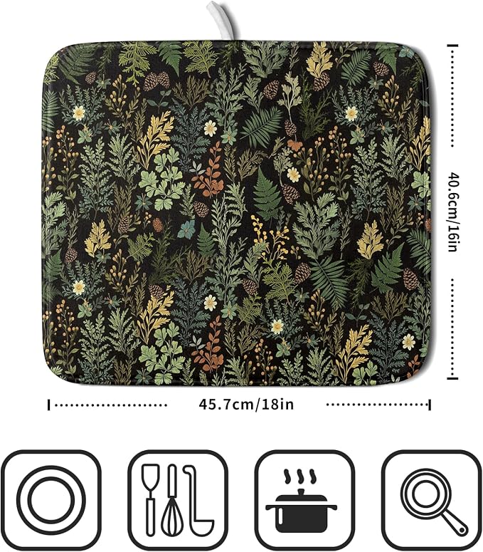 Black Green Botanical Dish Drying Mat - Image 2