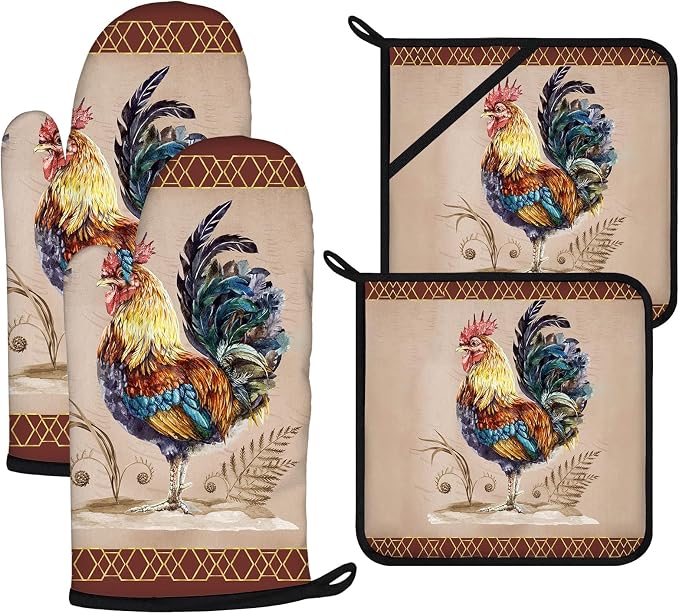Rooster Oven Mitts and Pot Holders Sets 4Pcs, Extra Long Oven Gloves Potholder by VisittheDuibelproduct