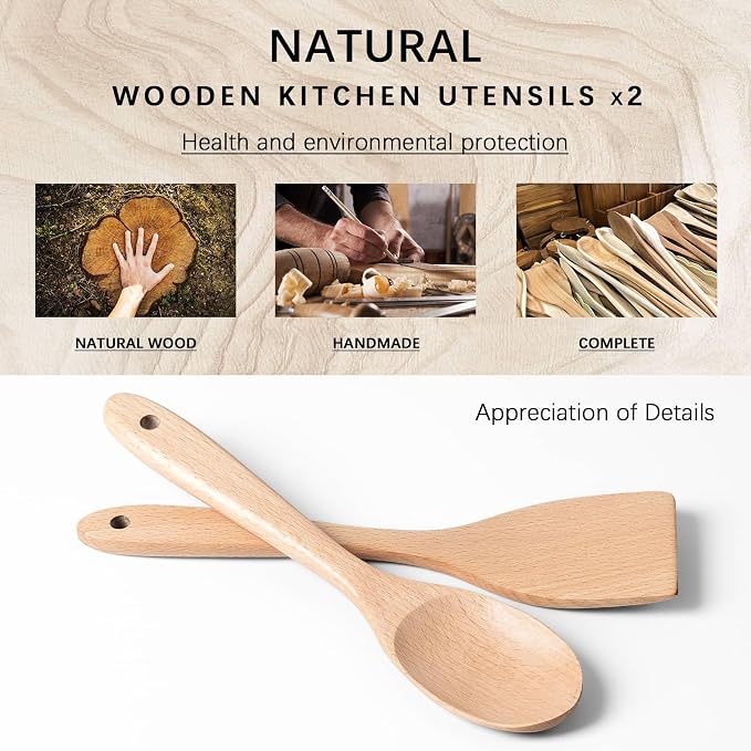 2pcs Wooden Spatula Spoon for Cooking, Thicker 12inch Coated Beech Wood Turners - Image 3