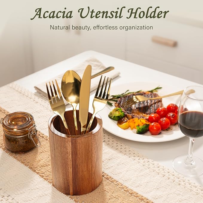 Criusia Utensil Holder 3 Pack, 360° Rotating Acacia Wood Cooking Utensil Crocks - Image 8