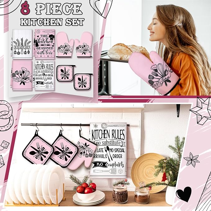 Leinuosen 8 Pcs Kitchen Towels and Oven Mitts Sets Pot Holders Dishcloths Set - Image 2