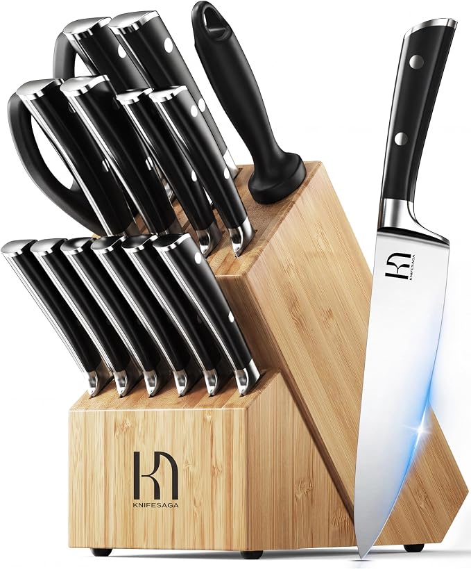 KnifeSaga Knife Set 15 Pcs Kitchen Knife Block Set, Enduring Razor-Sharp High by PushBoundariesforSharpness