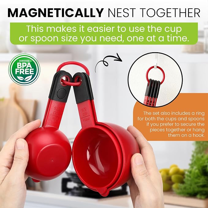 Spring Chef Red Magnetic Measuring Cups and Spoons Set of 9, Stackable Plastic - Image 2