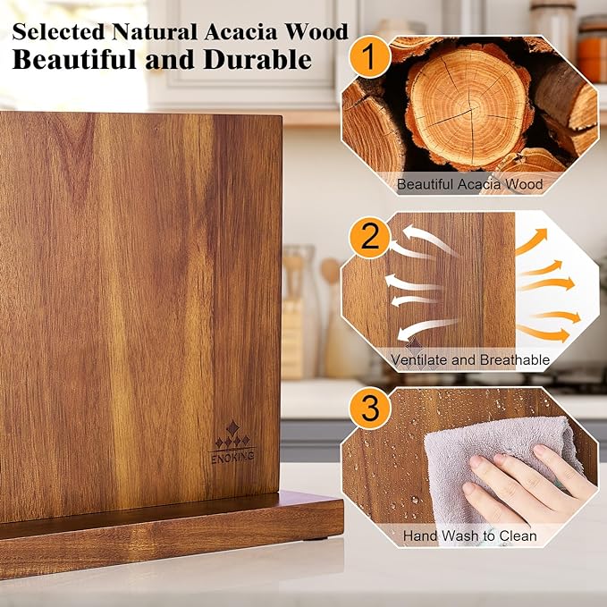 ENOKING Extra Large Magnetic Knife Block, 15.2-In Acacia Wood Knife Holder - Image 4