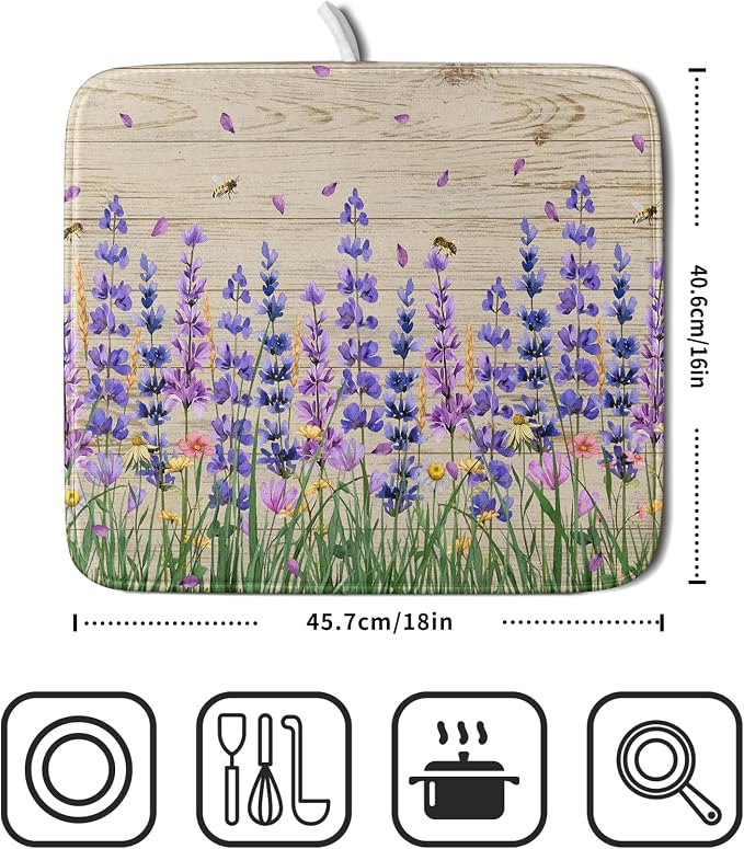 Lavender Floral Dish Drying Mat 16x18 inch Spring Summer Flower Decorative Fast - Image 2