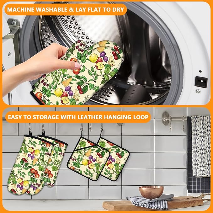 Fruit Oven Mitts and Pot Holders Sets 4Pcs, Extra Long Oven Gloves Potholder - Image 5