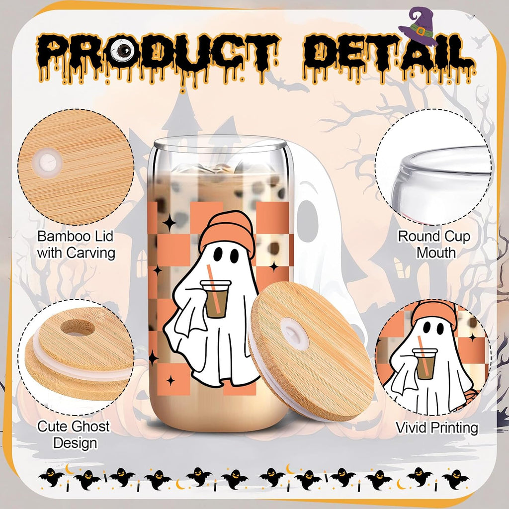 SiliFine 6 Pcs Halloween Glass Cups, 16 oz with Lids and Straws