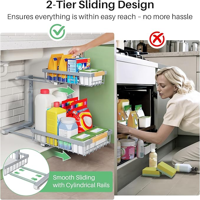 Kitstorack Under Sink Organizer, 2 Tier Under the Sink Storage, Slide out Pull - Image 6