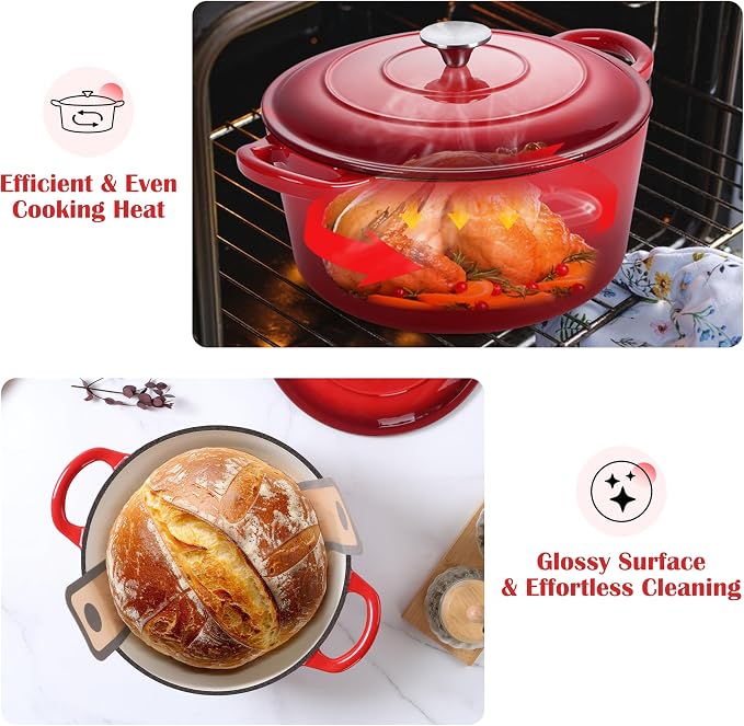 E-far Enameled Dutch Oven Pot for Bread Baking, 6QT Enameled Cast Iron Cookware - Image 6