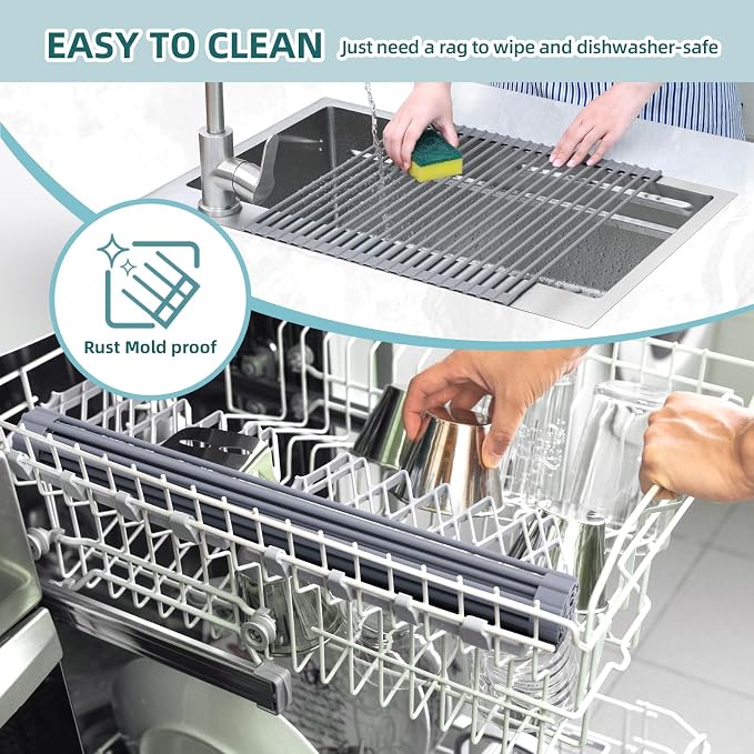 Ohuhu Over Sink Dish Drying Rack, Silicone Wrapped 17.6" W x 15.4" L Large Over - Image 6