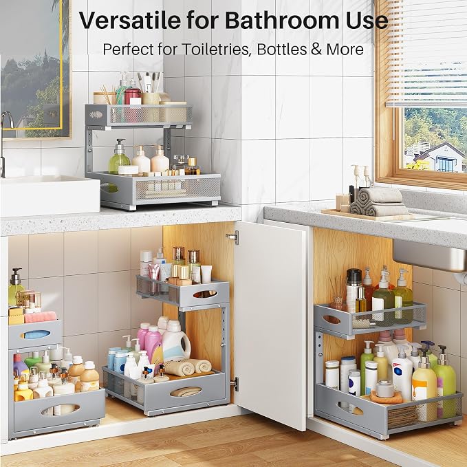 Under Sink Organizer, 2 Pack 2 Tier Pull Out Under Cabinet Organizer Shelf - Image 9