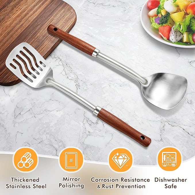 2 Pcs Stainless Steel Spatulas Set, Metal Spatula Solid & Slotted Turner - Image 2