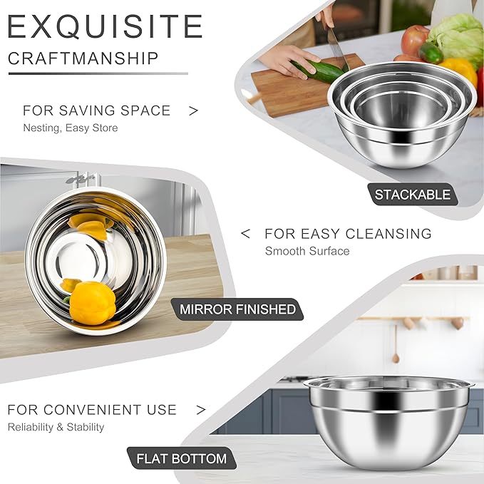 HaWare Mixing Bowls with Airtight Clear Lids, 6-Piece Stainless Steel Strong - Image 5