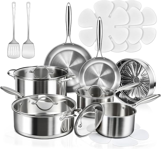 16-Piece Pots and Pans Set, Tri-Ply Stainless Steel Cookware Set by Unknown