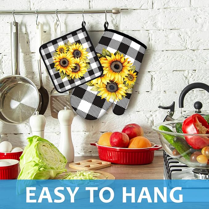 Sunflower Oven Mitts and Pot Holders Sets Heat Resistant 4Pcs Black White - Image 4