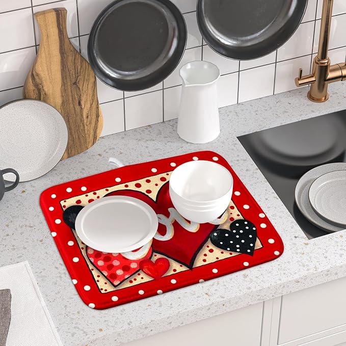 Love Heart Dish Drying Mat 16"x18" Red Dots Microfiber Dish Rack Mat Holiday - Image 6