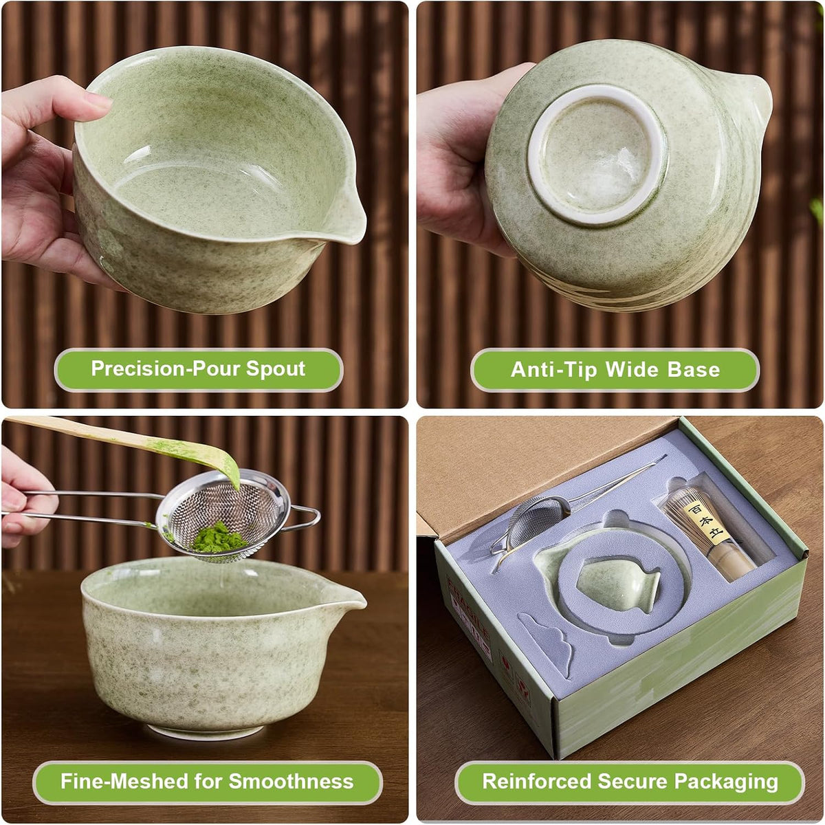 5Pcs Matcha Whisk Set - Matcha Bowl with Spout, 100% Bamboo Whisk