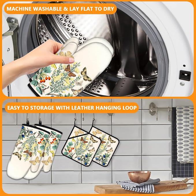 Wildflowers Butterfly Oven Mitts and Pot Holders Sets 4Pcs, Extra Long Oven - Image 5