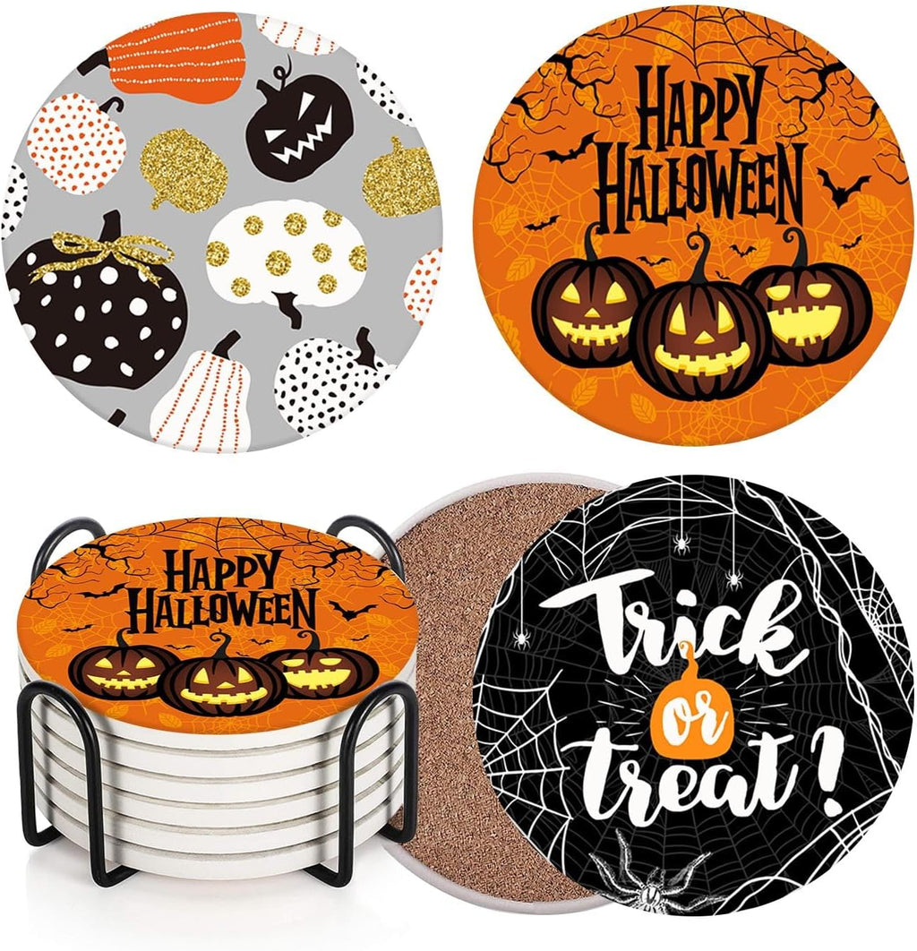 Halloween Ceramic Stone Coasters for Drinks, Set of 6, Pumpkin