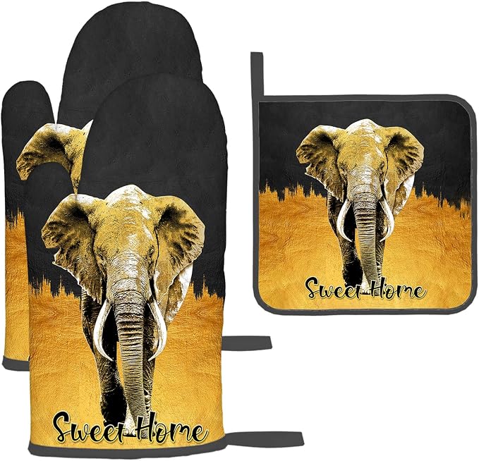Elephant Oven Mitts and Pot Holders Sets of 3 Black Gold Hot Pads Oven Gloves by Unknown