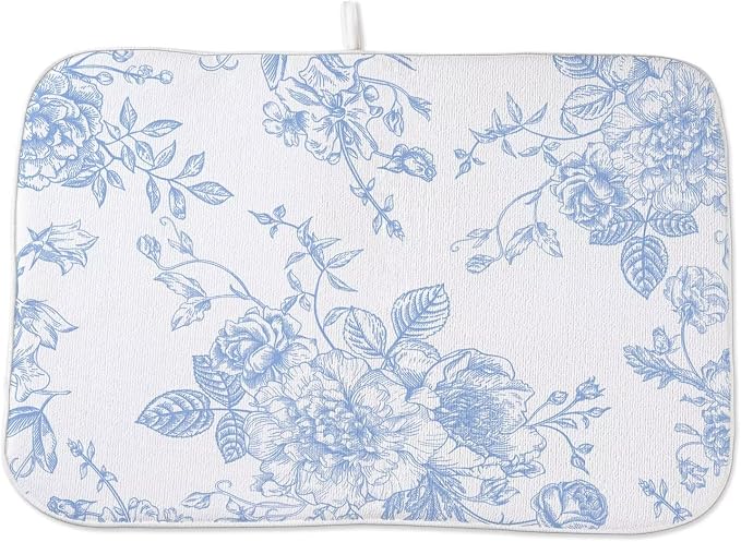 Baby Blue Chinoiserie Floral Dish Drying Mat 18 x 24 inch Vintage Flower by AEIOAE
