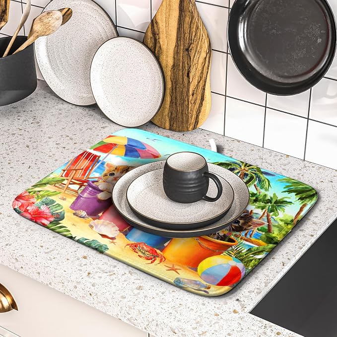 Lovely Cat Dish Drying Mat for Kitchen Counter Holiday Beach Absorbent Coffee - Image 5