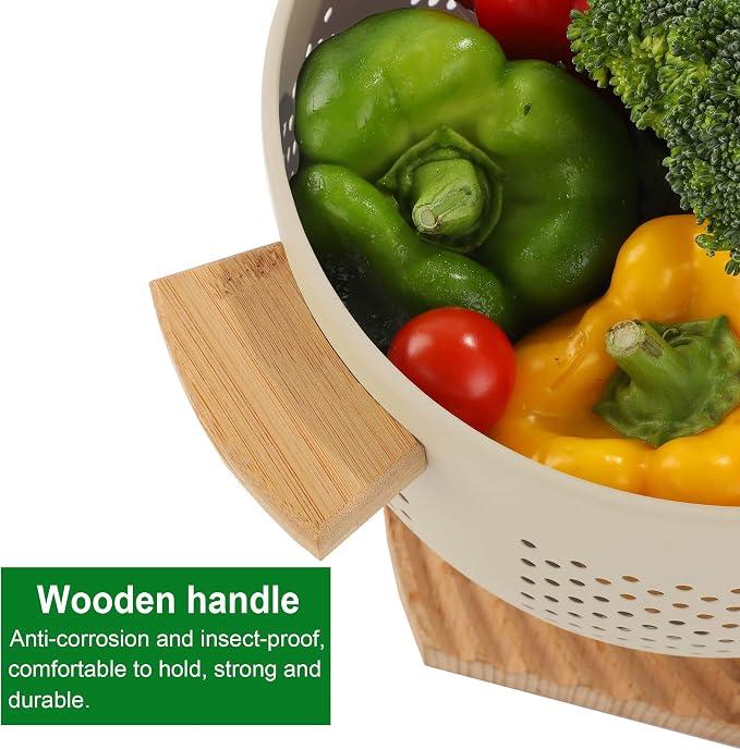 Metal Colander with Wood Handle, 5.5 Quart Powder Coated Steel Large Kitchen - Image 4