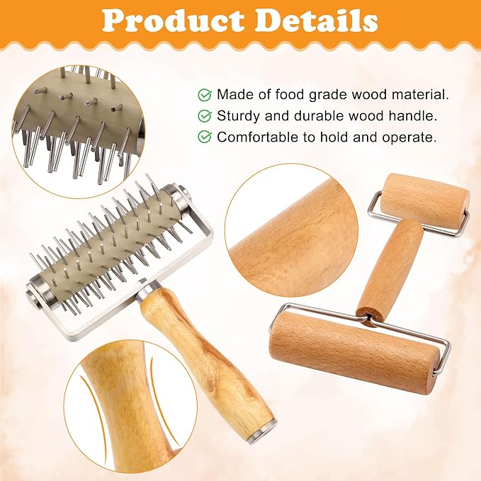 2Pcs Pizza Dough Roller & Dough Docker, Wood Rolling Pin Stainless Steel Dough - Image 3
