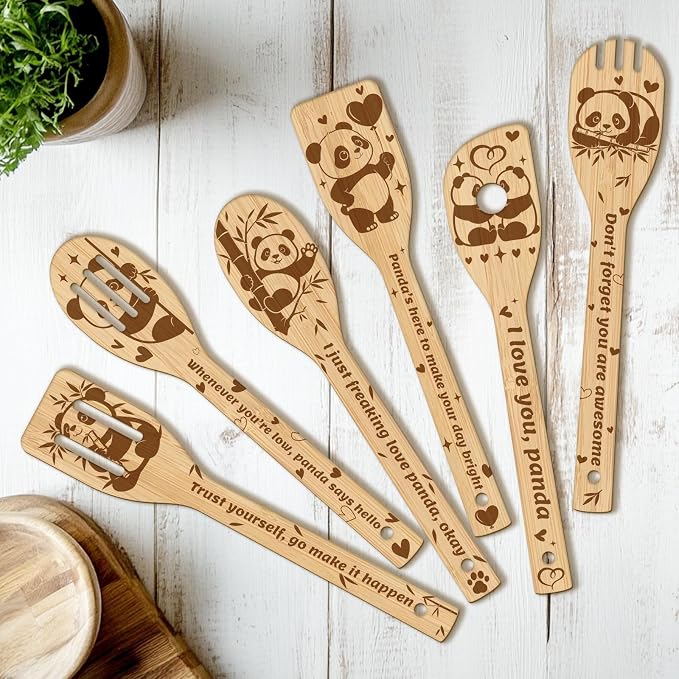 CUTHOLLOW 6PCS Pandas and Bamboo Wooden Kitchen Cooking Utensil Set, 11.9in Non by CUTHOLLOW