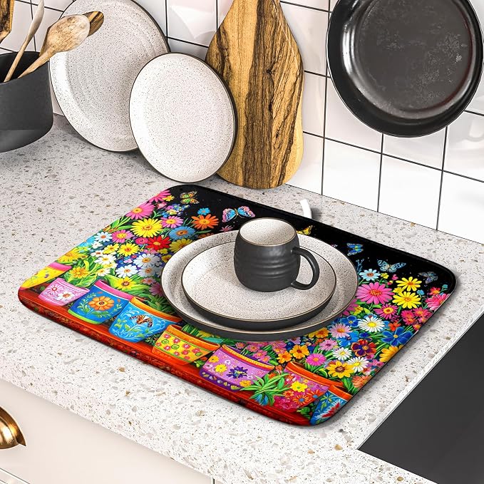 Colorful Floral Dish Drying Mat 16 X 18 Black Spring Flowers Absorbent - Image 5