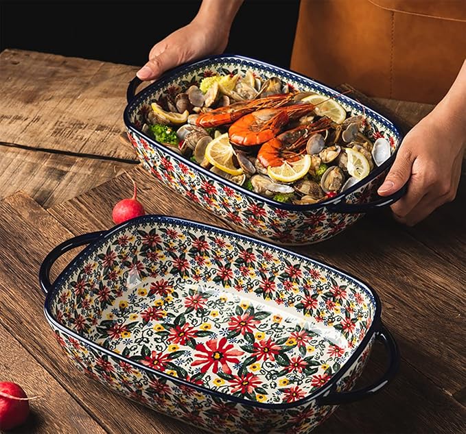 Red Daisy Flower Vintage Style Ceramic Bakeware Casserole Dish Baking Pan - Image 9