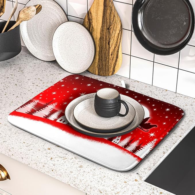 Christmas Reindeer Moon Star Red Dish Drying Mat - Image 5