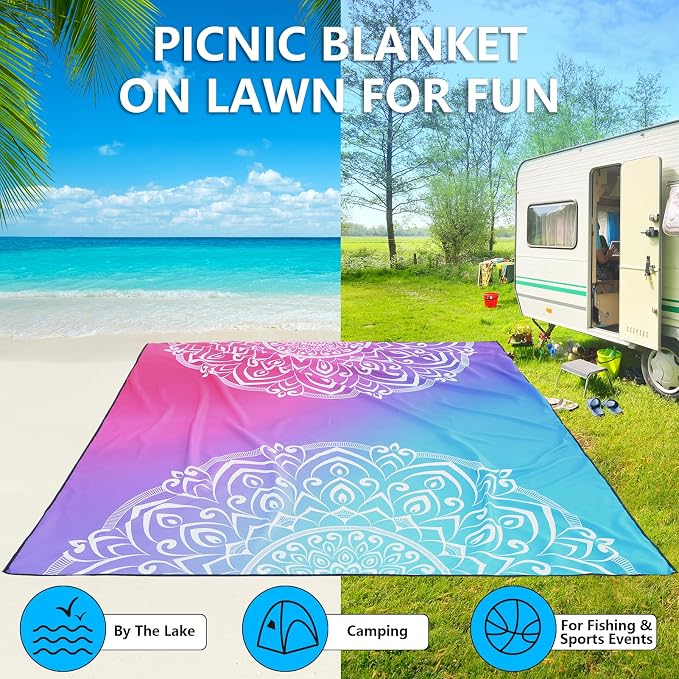 WIWIGO Beach Blanket Waterproof Sandproof Beach Mat 79" X 83"/10'x9'for 2-8 - Image 6
