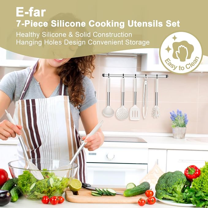 E-far Silicone Cooking Utensils Set, Slotted Turner, Soup Ladle, Pasta Server - Image 7