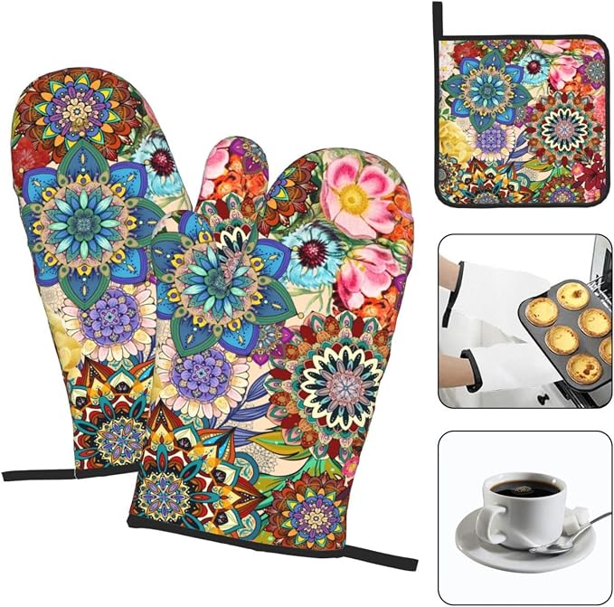 Boho Floral Oven Mitts and Pot Holders Sets, Heat Resistant Colorful Kitchen - Image 3