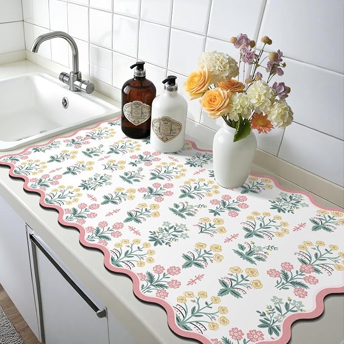 LOKHOM Scalloped Floral Dish Drying Mat, Cuttable Hide Stain Non-slip Drying Mat - Image 9