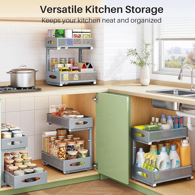 2 Pack Under Sink Organizer, 2 Tier Pull out Cabinet Organizer Mesh Baskets - Image 8