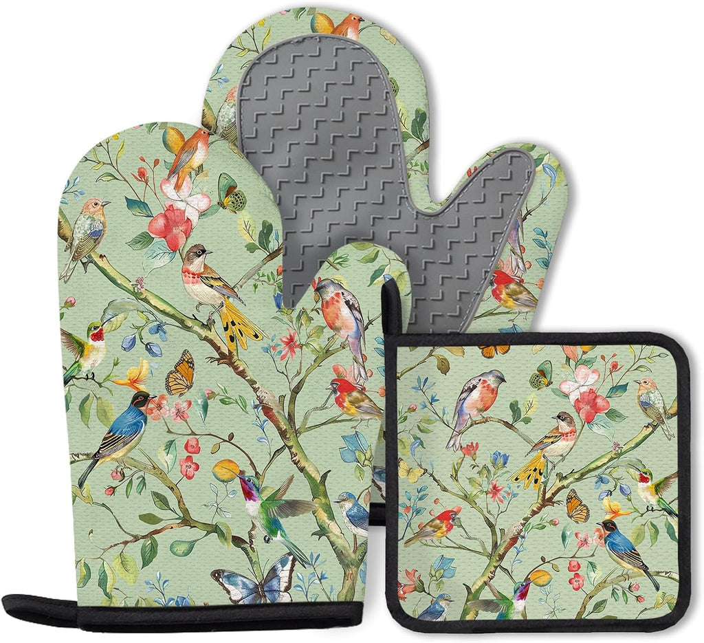 Bird Oven Mitts and Pot Holders Sets 3PCS, Floral Botanical Print