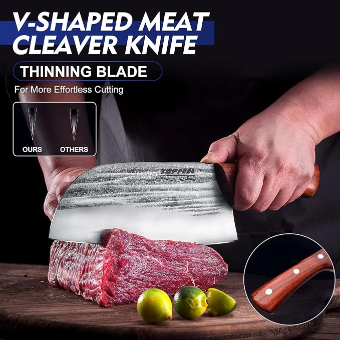 Topfeel 2PCS Meat Cleaver & Heavy Duty Bone Chopper Knife Set, Hand Forged - Image 2