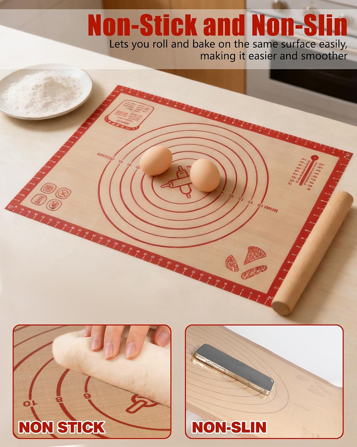Large Silicone Pastry Mat Extra Thick Non Stick Baking Mat with