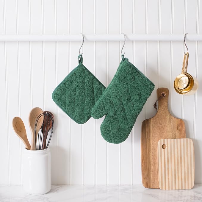 DII Basic Terry Collection 100% Cotton Quilted, Oven Mitt, Dark Green, 2 Piece - Image 4