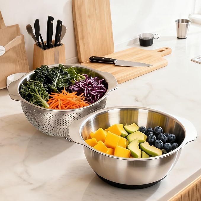 304 Stainless Steel Colander, 5 QT Large Capacity and 5QT Mixing Bowl, 2mm - Image 3