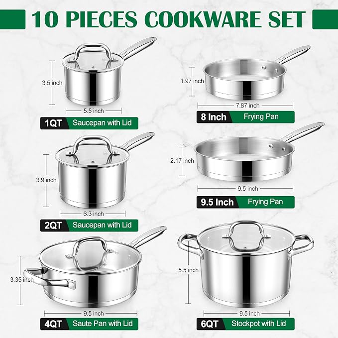 E-far 10-Piece Stainless Steel Cookware Set, Induction Pots and Pans Set - Image 2