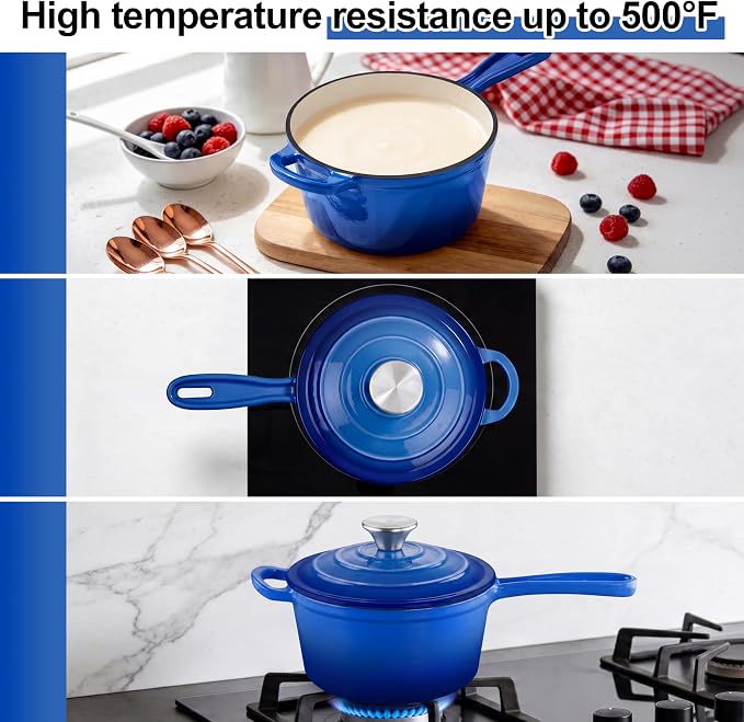 2 Quart Saucepan with Lid, Leonyo Enameled Cast Iron Dutch Oven Pot, Non Stick - Image 4