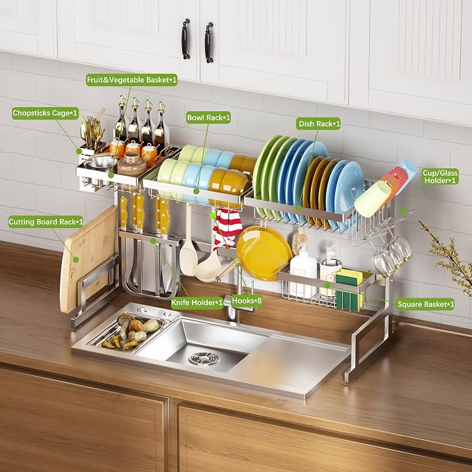 PUSDON Over Sink Dish Drying Rack Stainless Steel, Adjustable Large Dish Drainer - Image 3