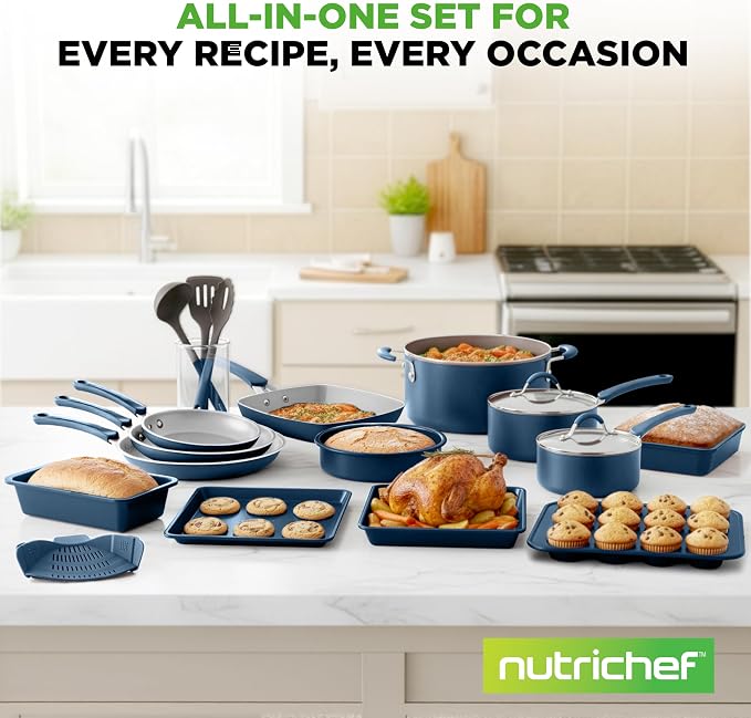 NutriChef Professional 20 Pc Pots and Pans Set Non Stick in Navy Blue - Image 7